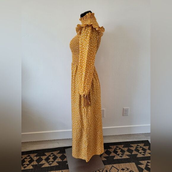 Yellow Floral Maxi Peasant Dress Boho Flounce Flutter Gypsy Hippie Cottagecore S - Picture 4 of 10